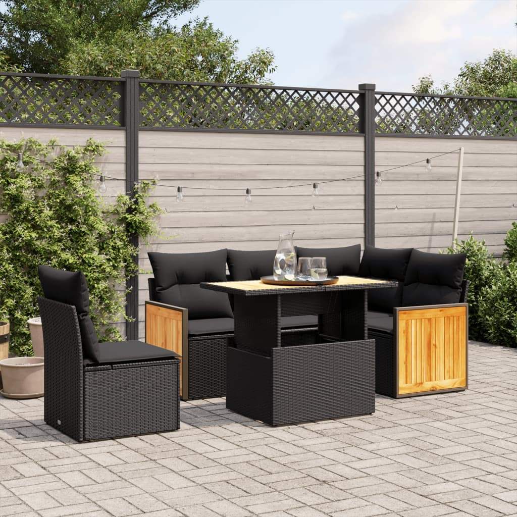 Set Divano da Giardino 6 pz con Cuscini Nero in Polyrattan - homemem39