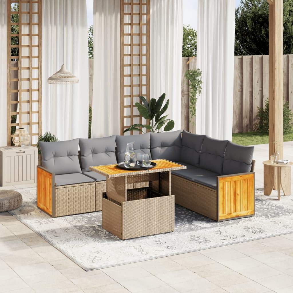 Set Divani da Giardino 7 pz con Cuscini Beige in Polyrattan - homemem39