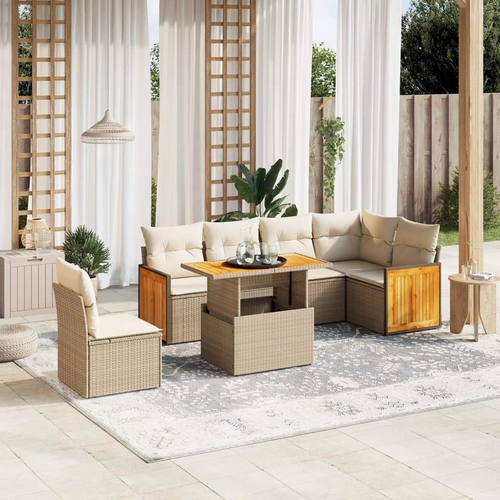 Set Divani da Giardino 7 pz con Cuscini Beige in Polyrattan - homemem39