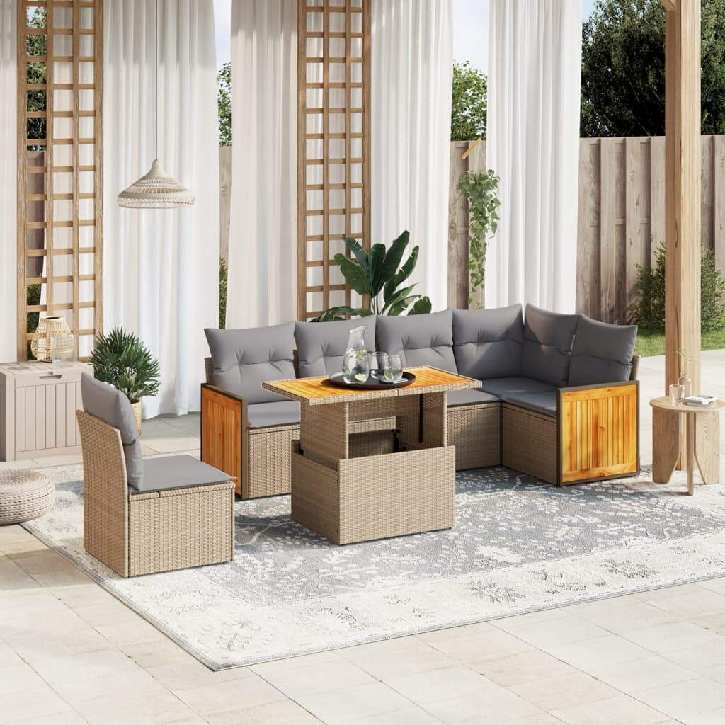 Set Divani da Giardino 7 pz con Cuscini Beige in Polyrattan - homemem39