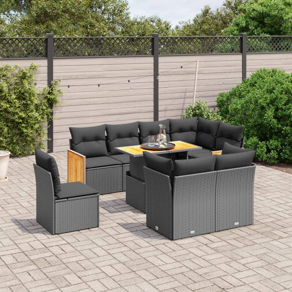 Set Divani da Giardino 9 pz con Cuscini Nero in Polyrattan - homemem39