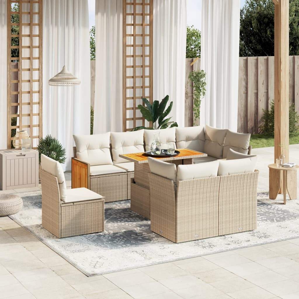 Set Divano da Giardino 9 pz con Cuscini Beige in Polyrattan - homemem39