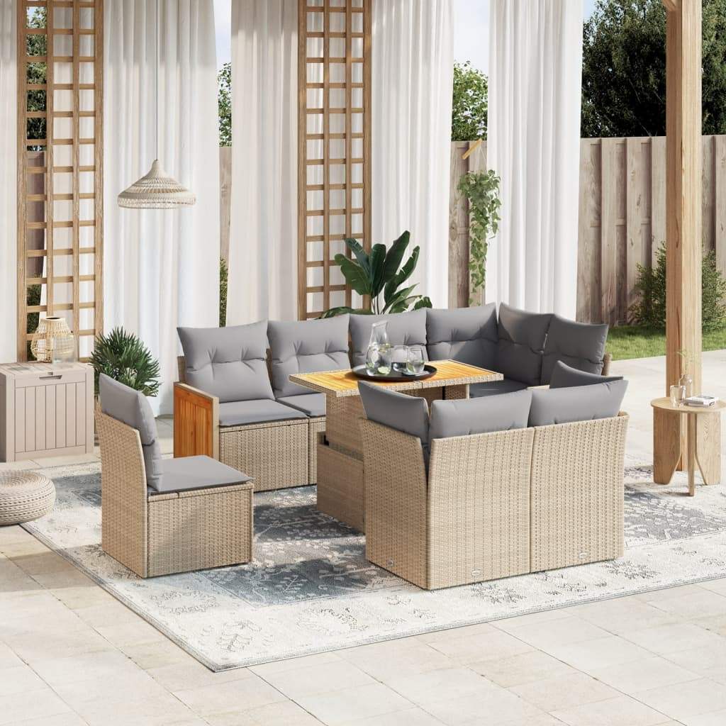 Set Divano da Giardino 9 pz con Cuscini Beige in Polyrattan - homemem39