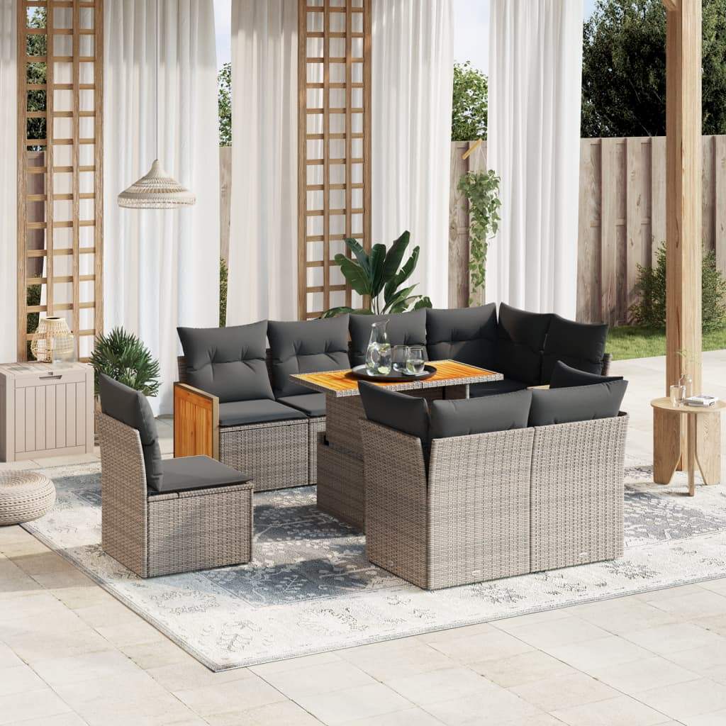 Set Divano da Giardino 9 pz con Cuscini Grigio in Polyrattan - homemem39