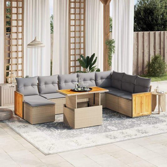 Set Divano da Giardino 9 pz con Cuscini Beige in Polyrattan - homemem39