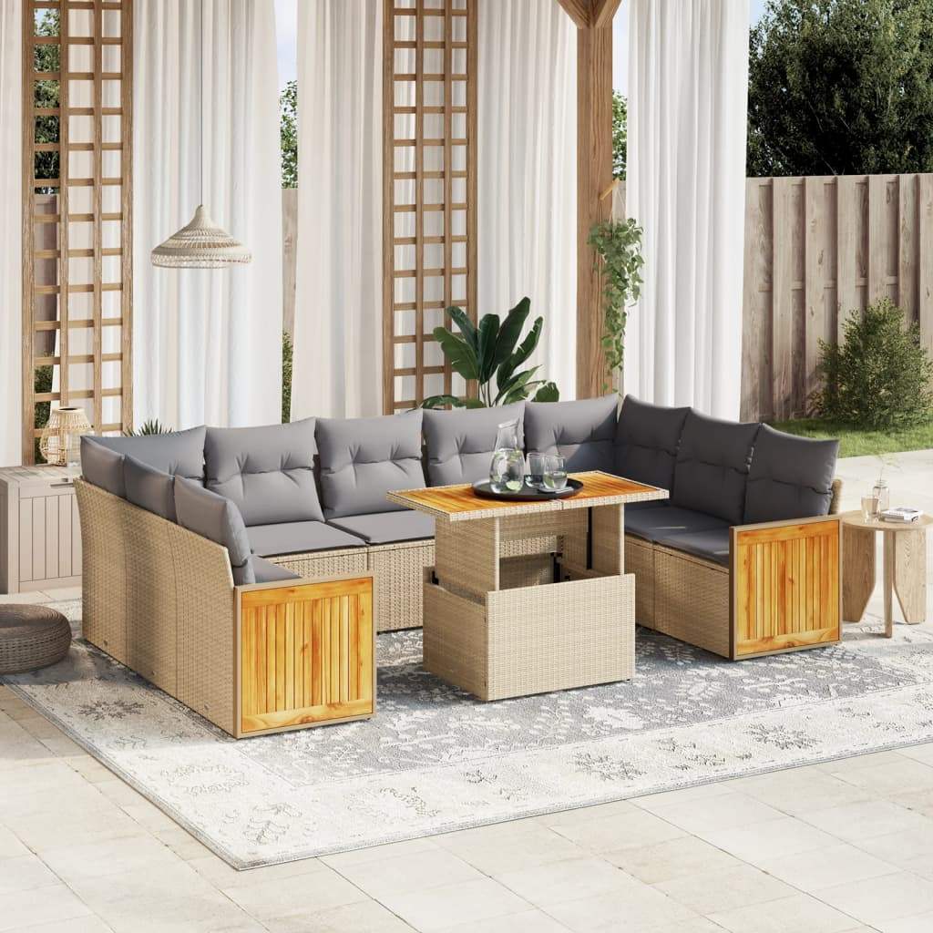 Set Divano da Giardino 10 pz con Cuscini Beige in Polyrattan - homemem39