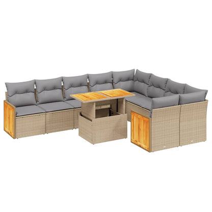 Set Divano da Giardino 10 pz con Cuscini Beige in Polyrattan