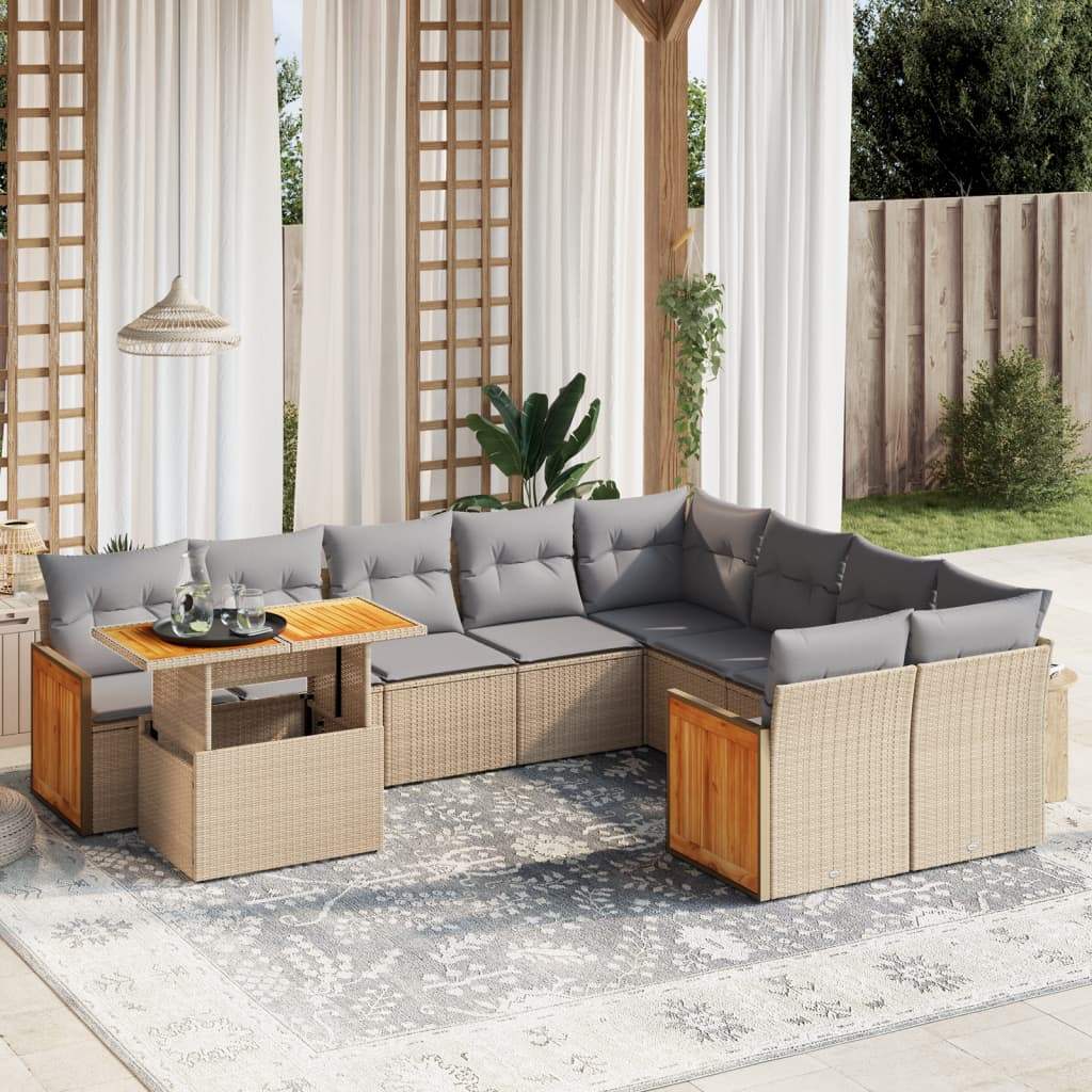 Set Divano da Giardino 10 pz con Cuscini Beige in Polyrattan - homemem39