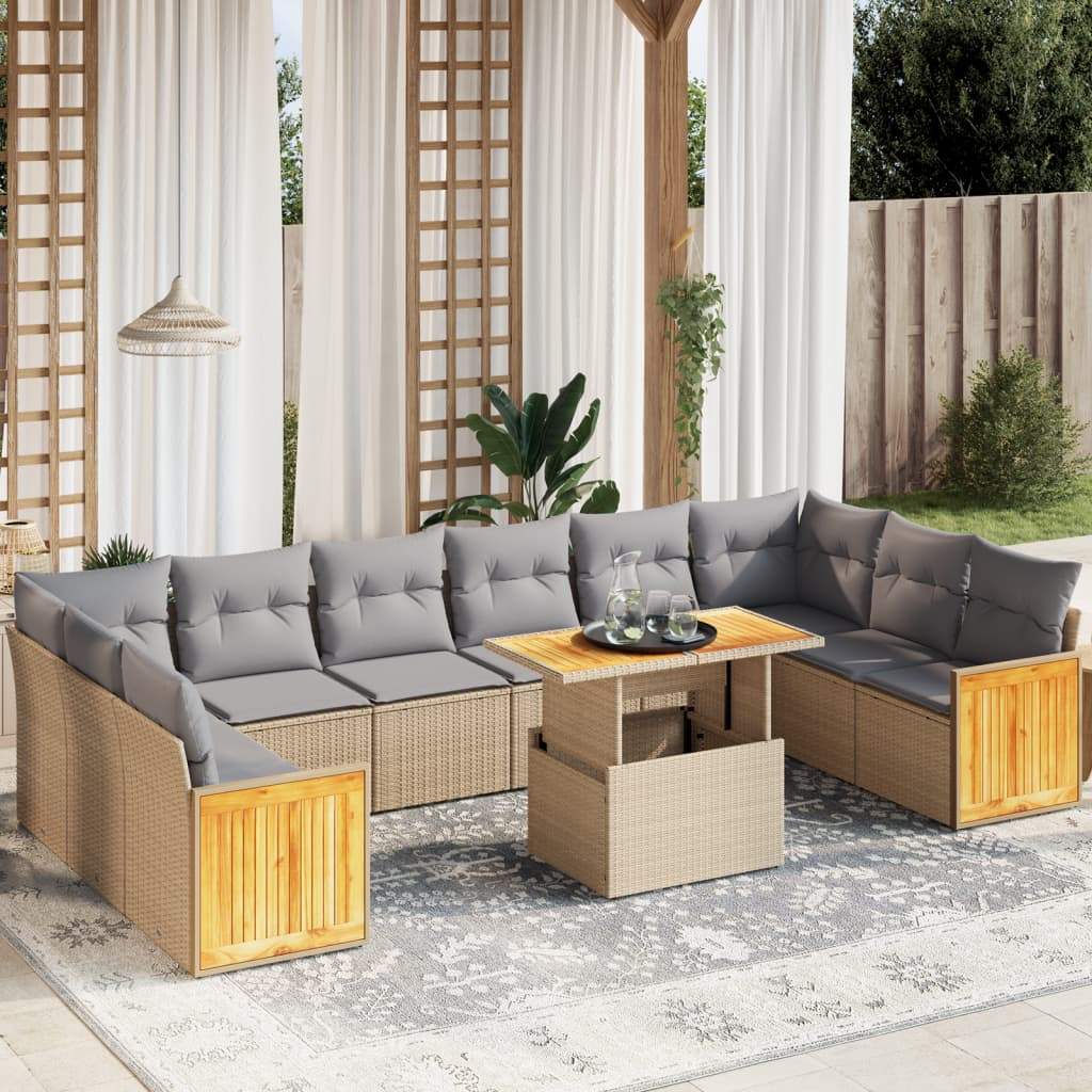 Set Divani da Giardino 11 pz con Cuscini Beige in Polyrattan - homemem39