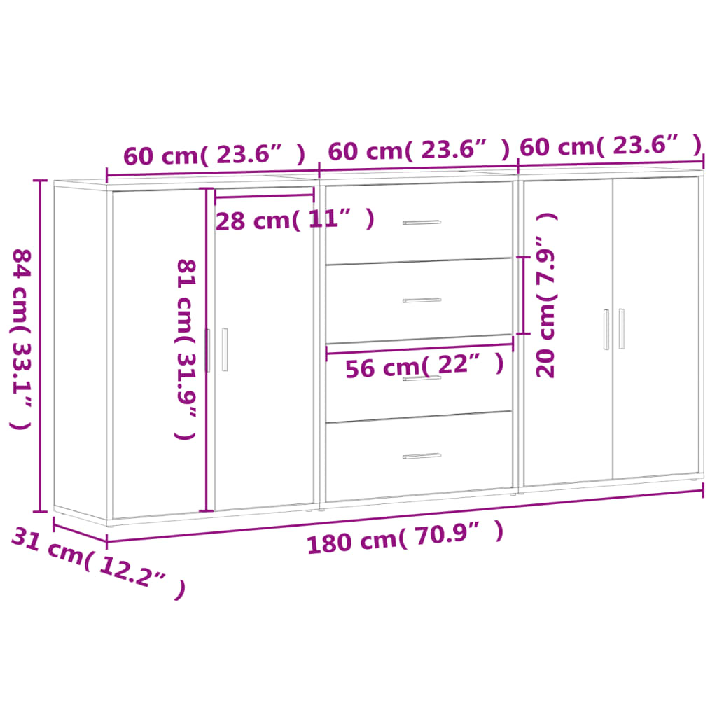 Credenze 3 pz Nere 60x31x84 cm in Legno Multistrato