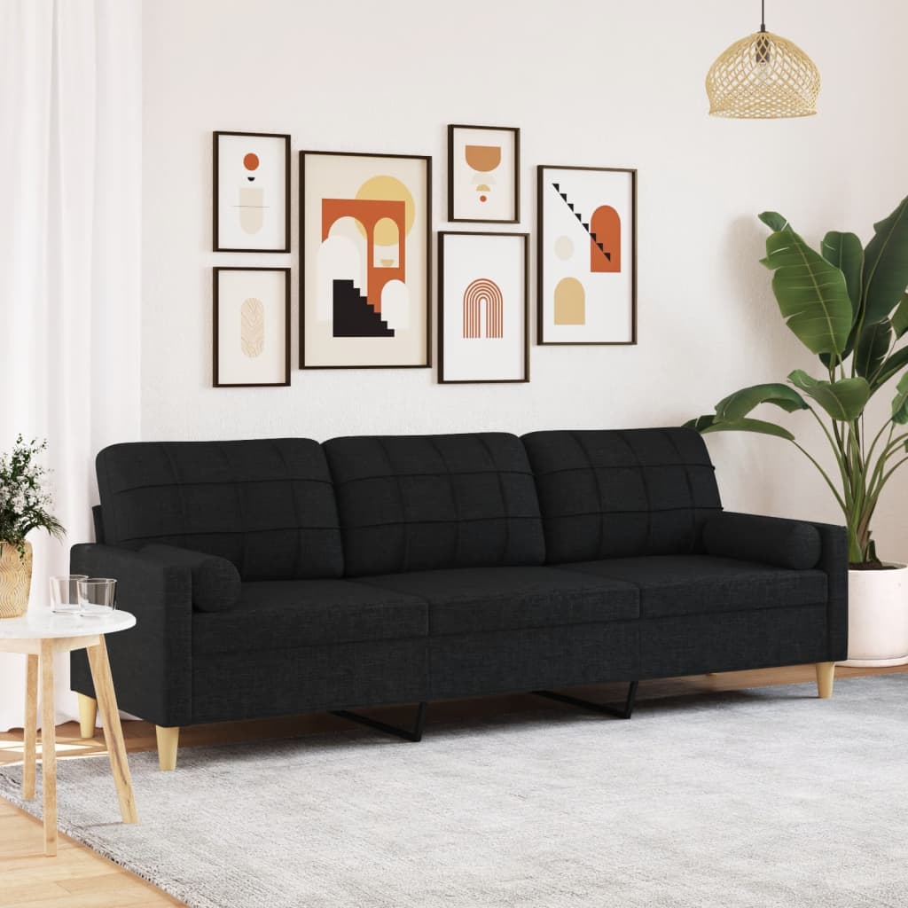 Divano a 3 Posti con Cuscini Nero 210 cm in Tessuto | homemem39