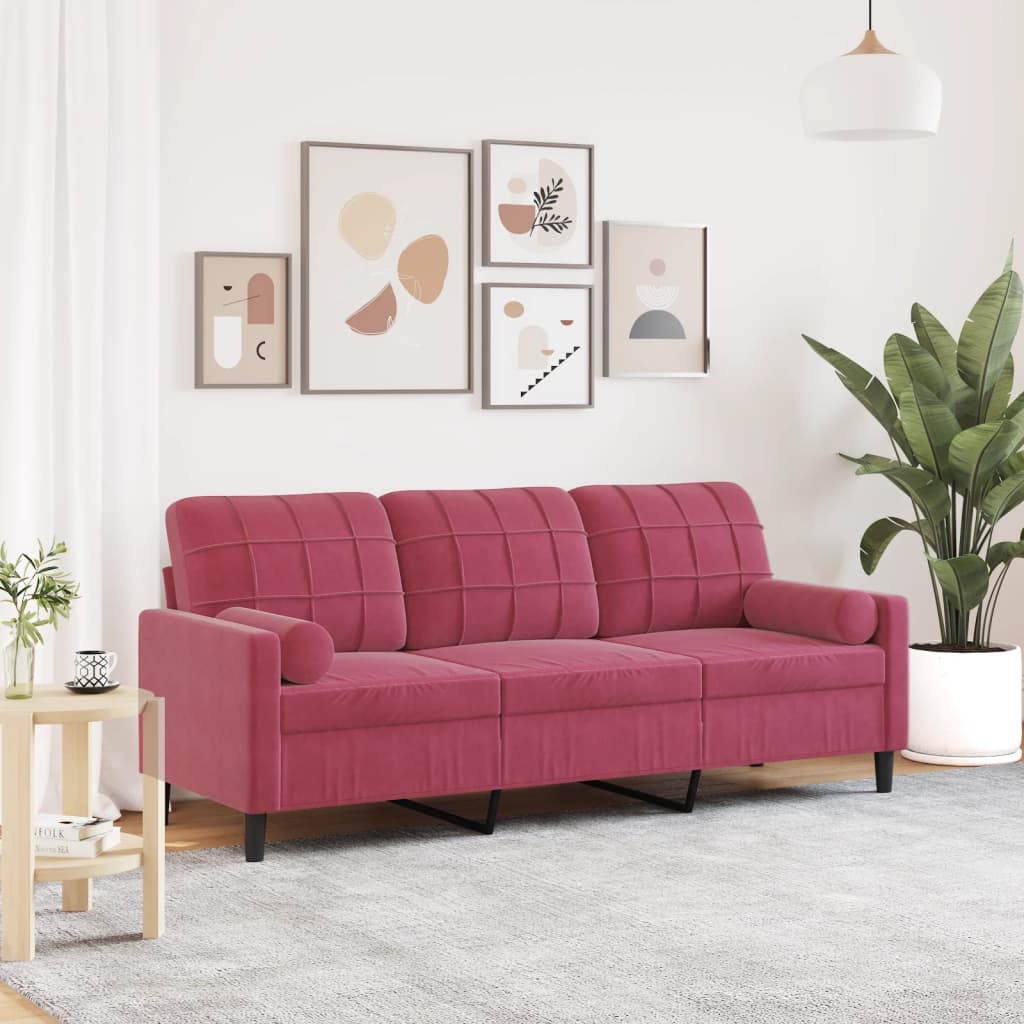 Divano a 3 Posti con Cuscini Rosso Vino 180 cm in Velluto | homemem39