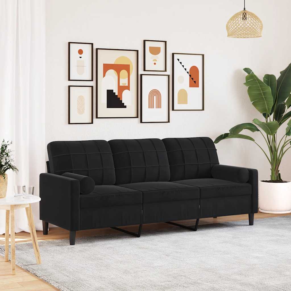 Divano a 3 Posti con Cuscini Nero 180 cm in Velluto | homemem39