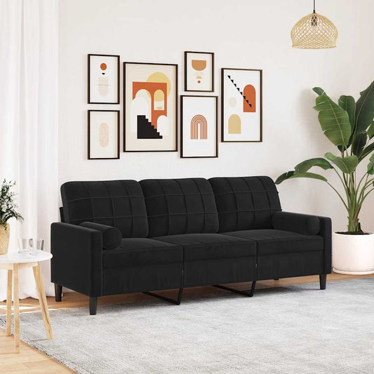 Divano a 3 Posti con Cuscini Nero 180 cm in Velluto | homemem39