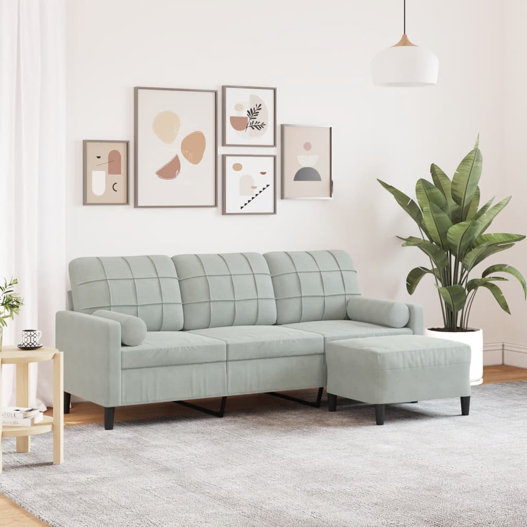 Divano a 3 Posti con Poggiapiedi Grigio Chiaro 180cm in Velluto | homemem39