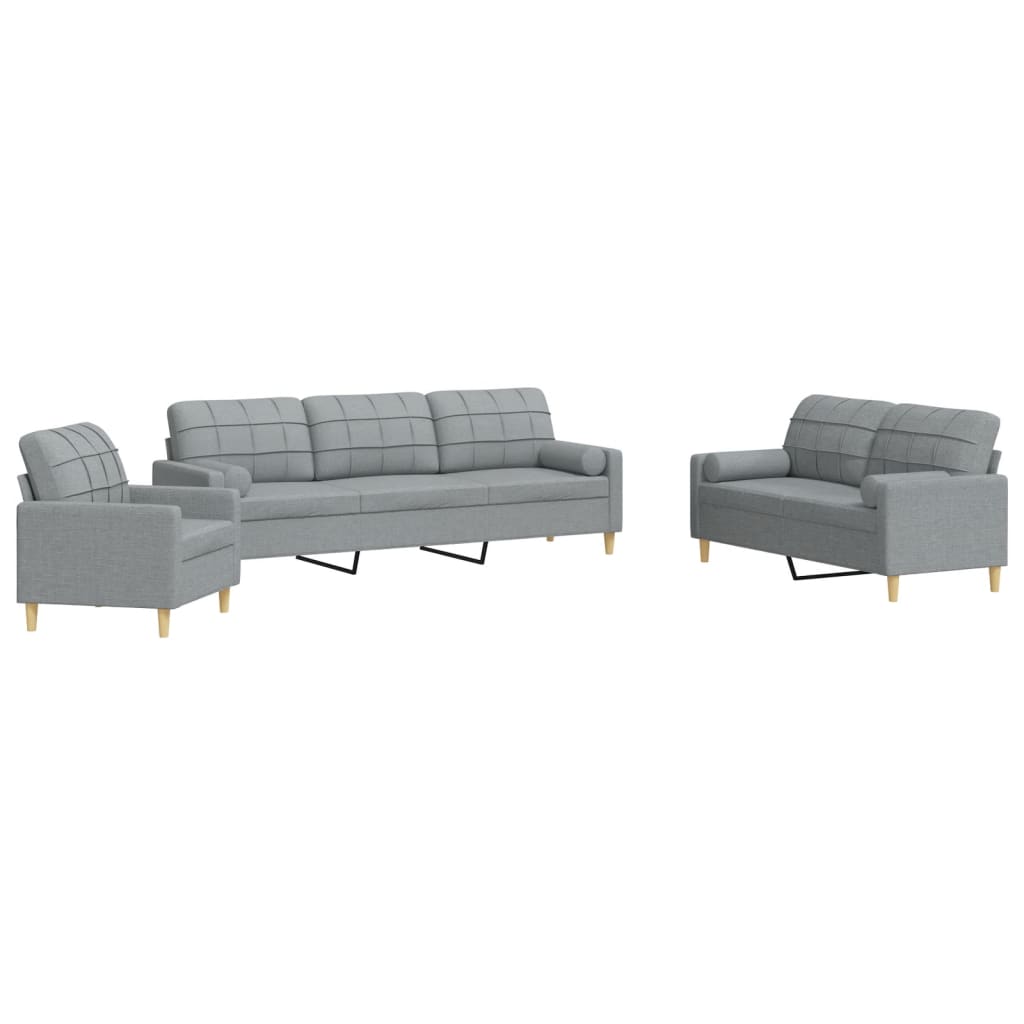 Set Divani 3 pz con Cuscini Decorativi Grigio Chiaro in Tessuto - homemem39