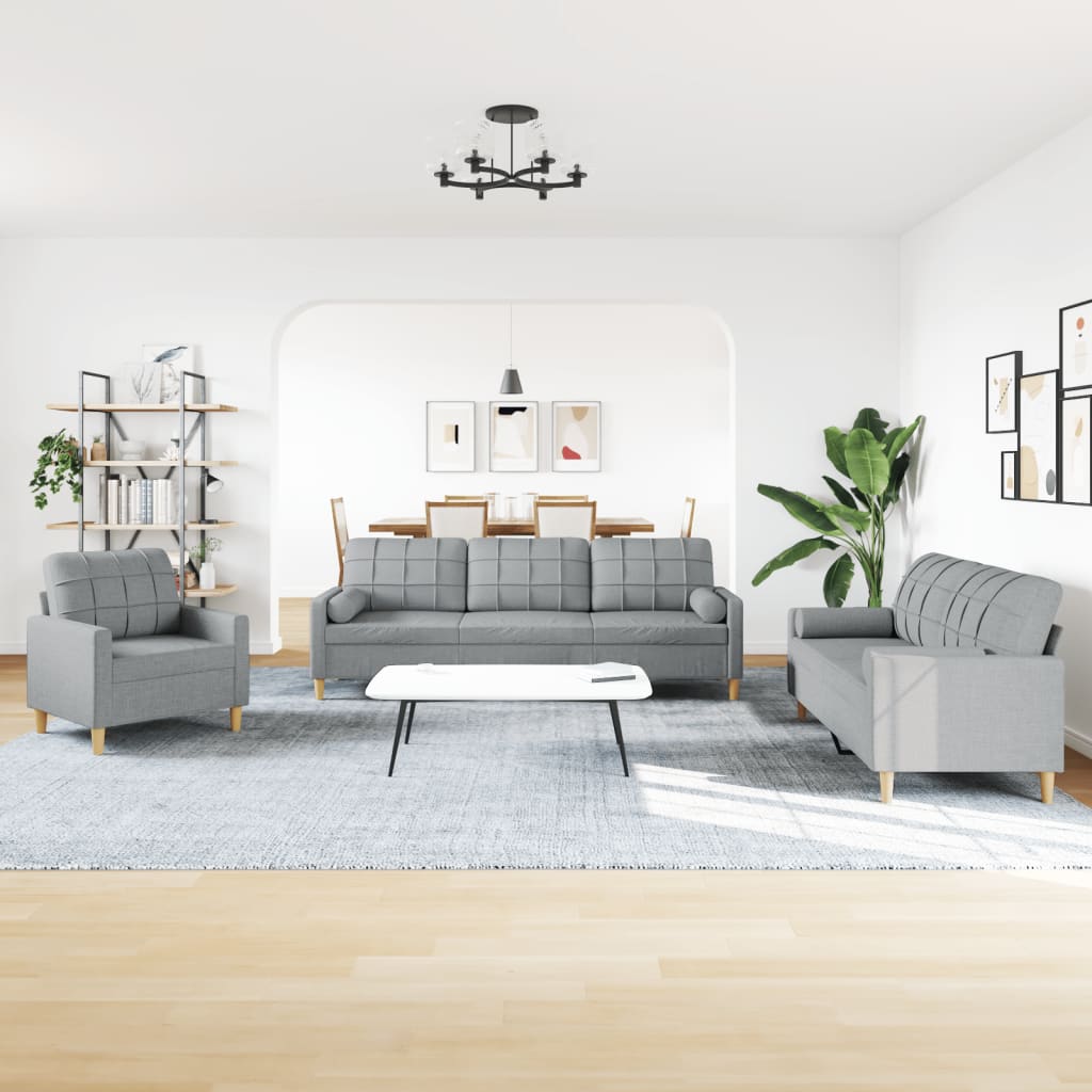 Set Divani 3 pz con Cuscini Decorativi Grigio Chiaro in Tessuto | homemem39