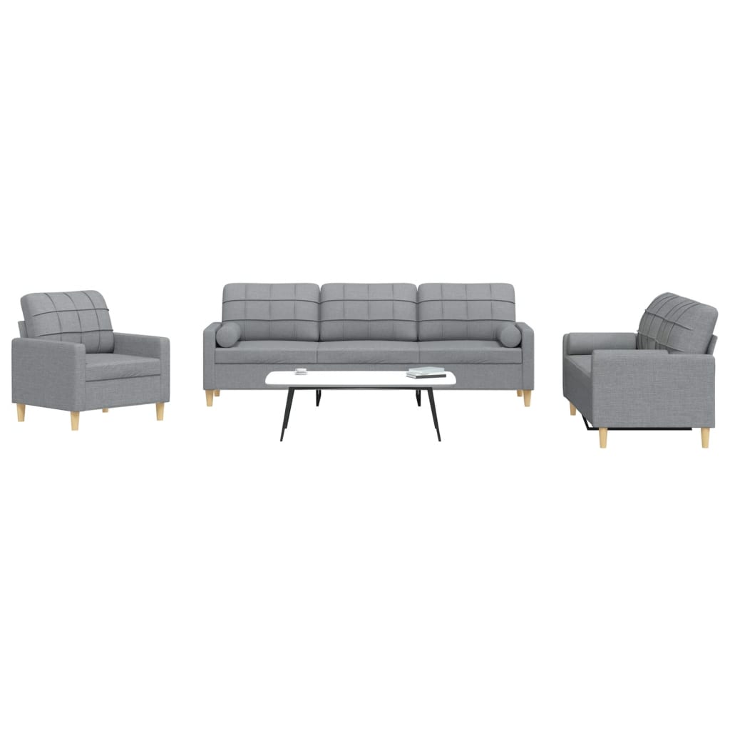 Set Divani 3 pz con Cuscini Decorativi Grigio Chiaro in Tessuto - homemem39