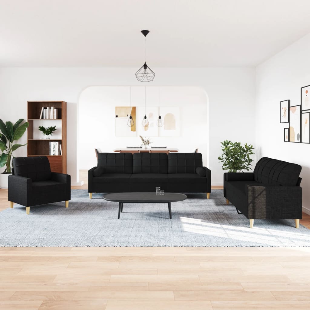 Set Divani 3 pz con Cuscini Decorativi Nero in Tessuto | homemem39