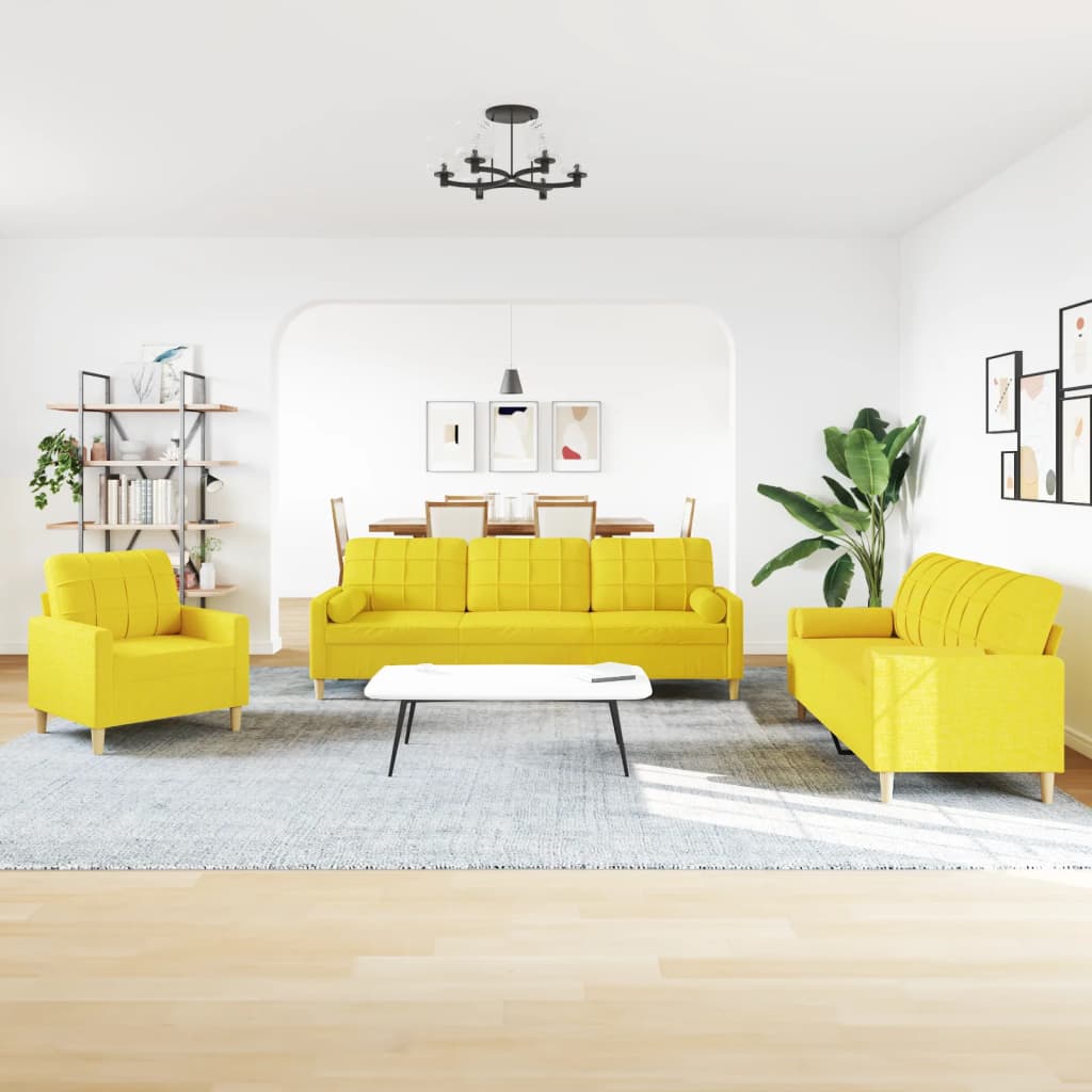 Set di Divani 3 pz con Poggiapiedi Giallo Chiaro in Tessuto