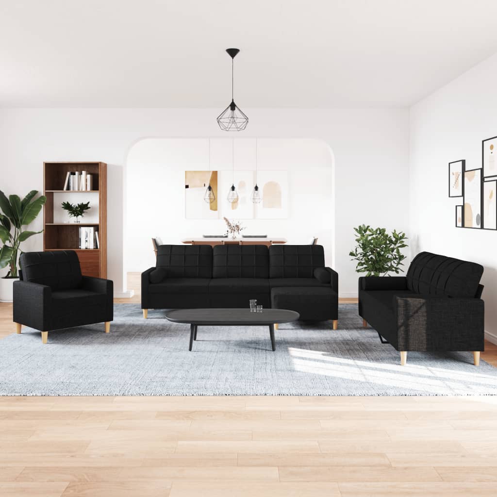 Set Divani 4 pz con Poggiapiedi e Cuscini Nero in Tessuto | homemem39