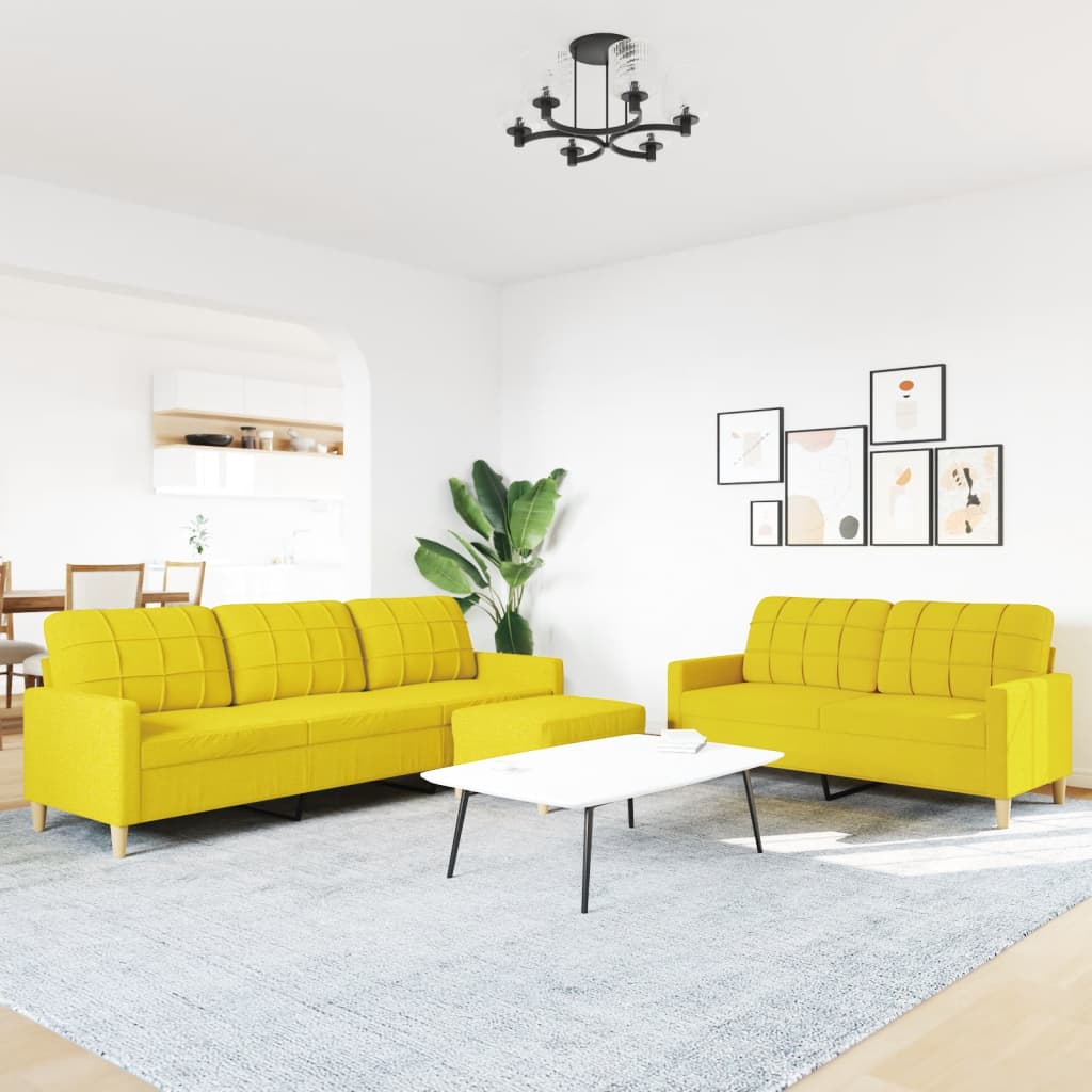 Set di Divani 3 pz con Poggiapiedi Giallo Chiaro in Tessuto | homemem39