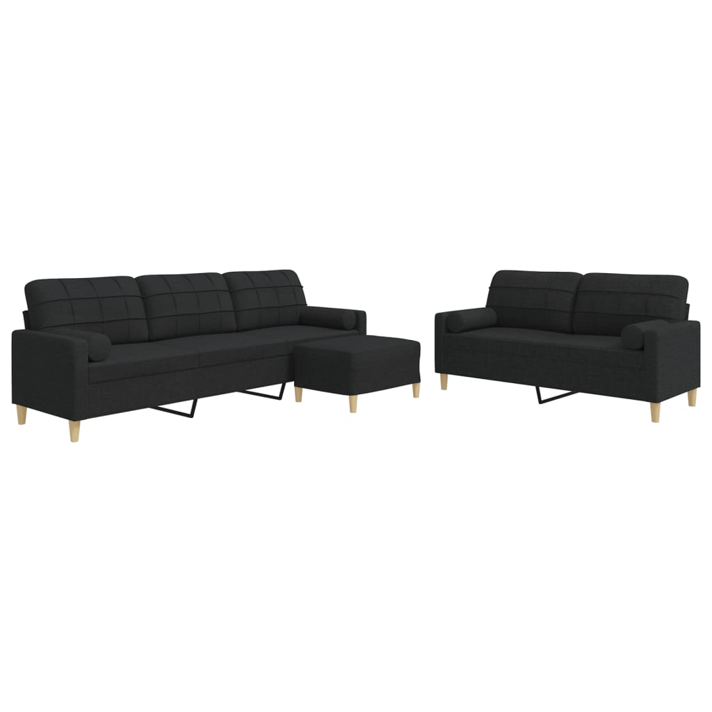 Set Divani 3 pz con Poggiapiedi e Cuscini Nero in Tessuto | homemem39