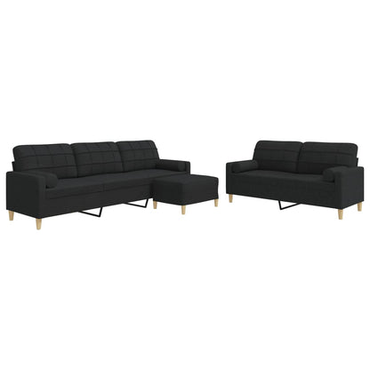 Set Divani 3 pz con Poggiapiedi e Cuscini Nero in Tessuto | homemem39
