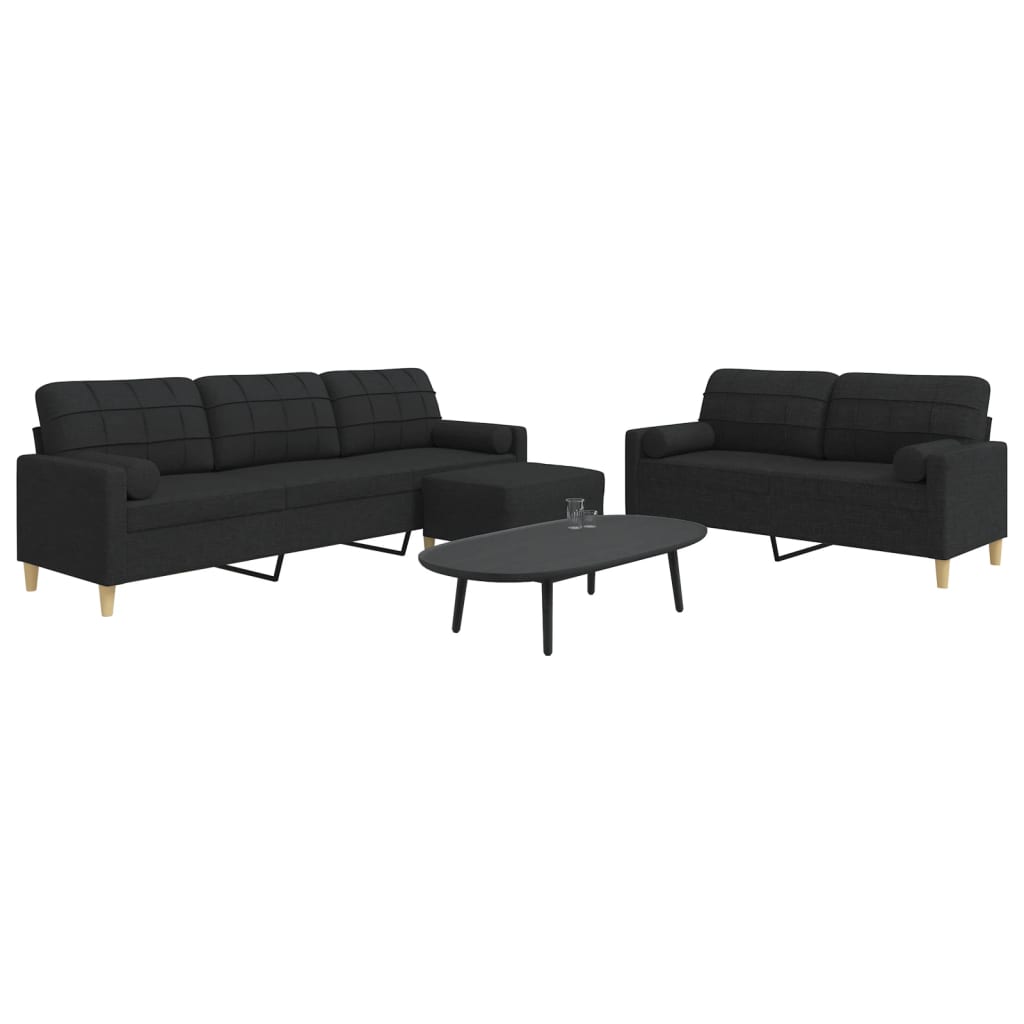Set Divani 3 pz con Poggiapiedi e Cuscini Nero in Tessuto | homemem39