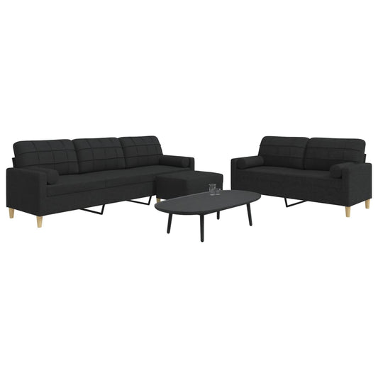 Set Divani 3 pz con Poggiapiedi e Cuscini Nero in Tessuto | homemem39