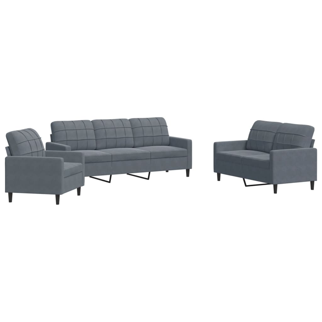 Set di Divani 3 pz con Cuscini Grigio Scuro in Velluto | homemem39