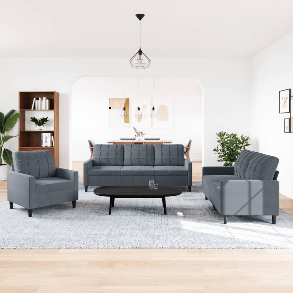 Set di Divani 3 pz con Cuscini Grigio Scuro in Velluto | homemem39
