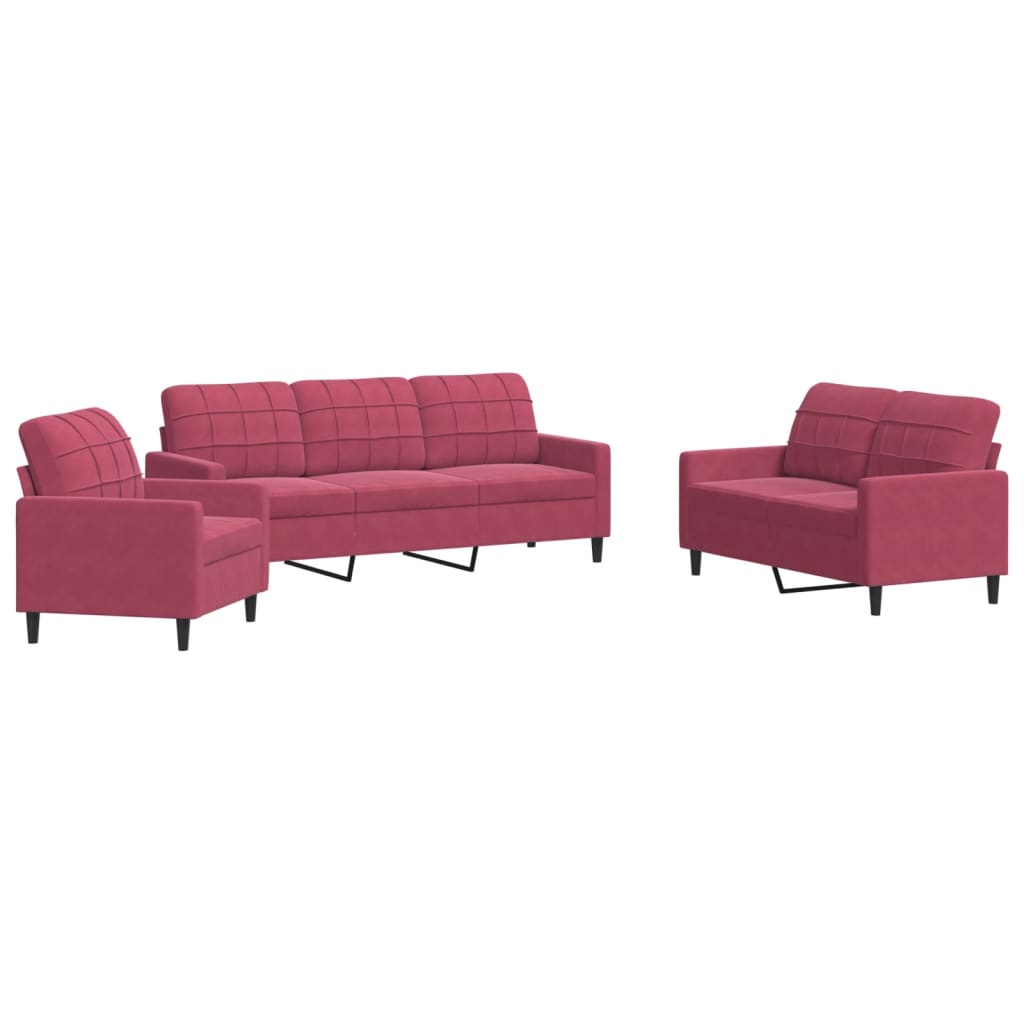 Set di Divani 3 pz con Cuscini Rosso Vino in Velluto - homemem39