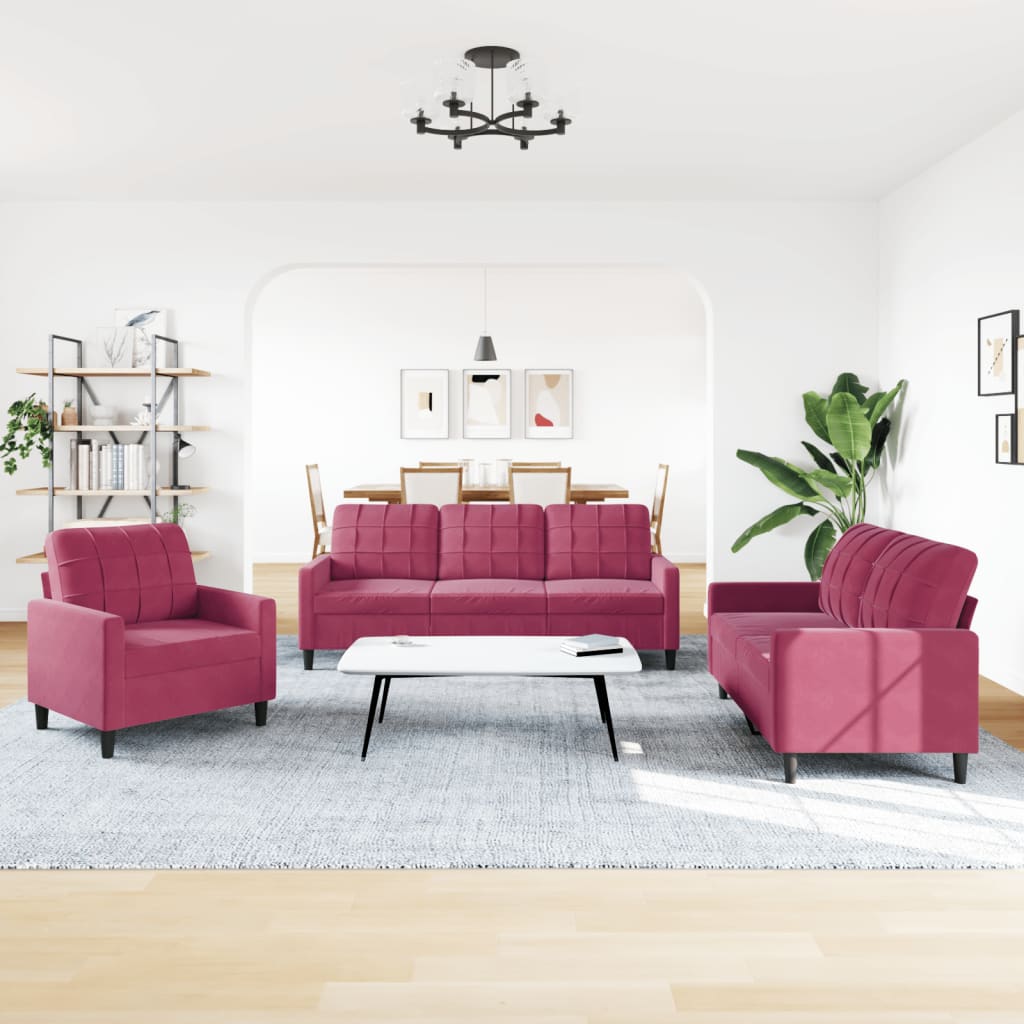Set di Divani 3 pz con Cuscini Rosso Vino in Velluto - homemem39