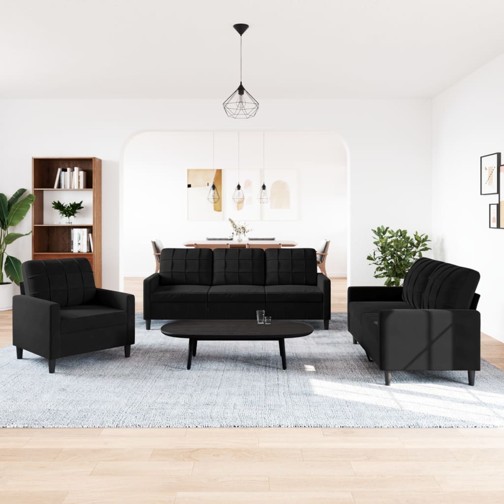 Set di Divani 3 pz con Cuscini Nero in Velluto - homemem39