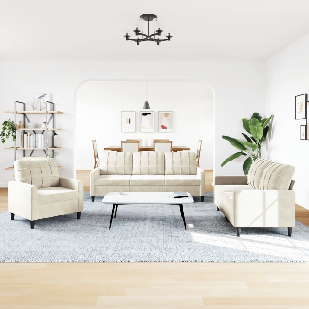 Set di Divani 3 pz con Cuscini Crema in Velluto - homemem39