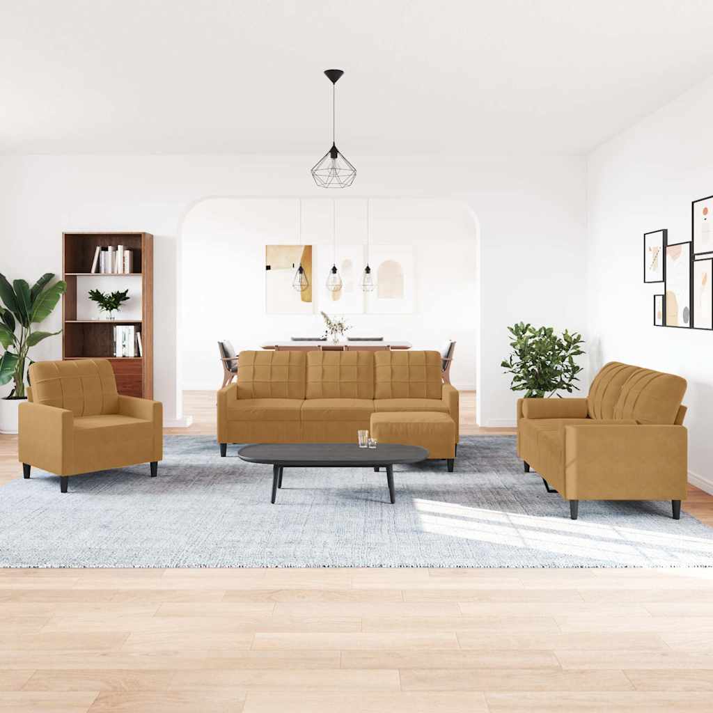 Set di Divani 4 pz con Cuscini Marrone in Velluto | homemem39