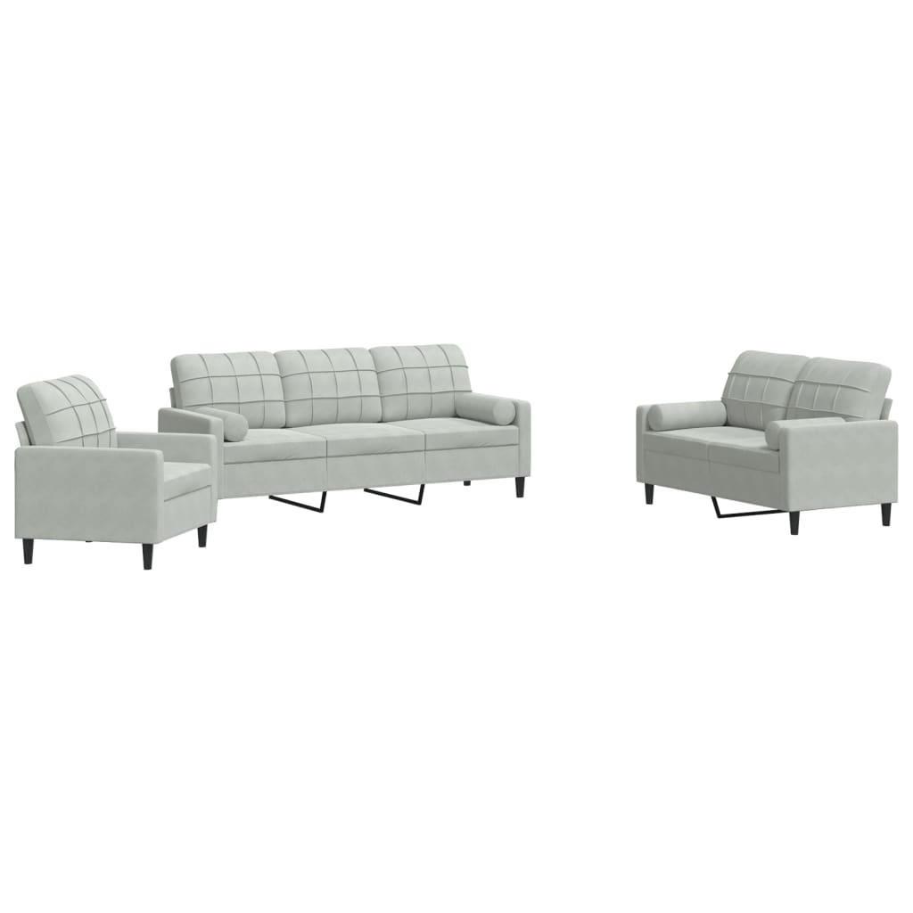 Set di Divani 3 pz con Cuscini e Rinforzi Grigio Chiaro Velluto | homemem39