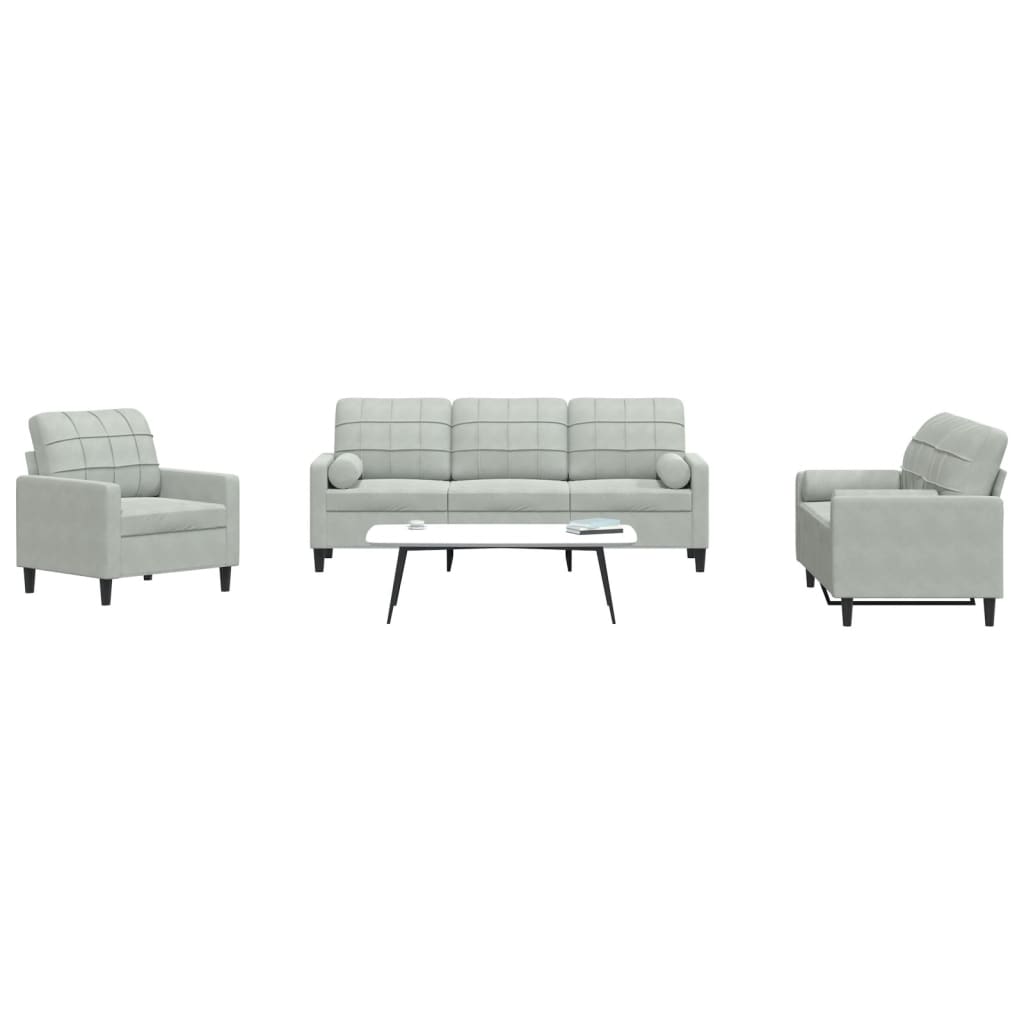 Set di Divani 3 pz con Cuscini e Rinforzi Grigio Chiaro Velluto | homemem39
