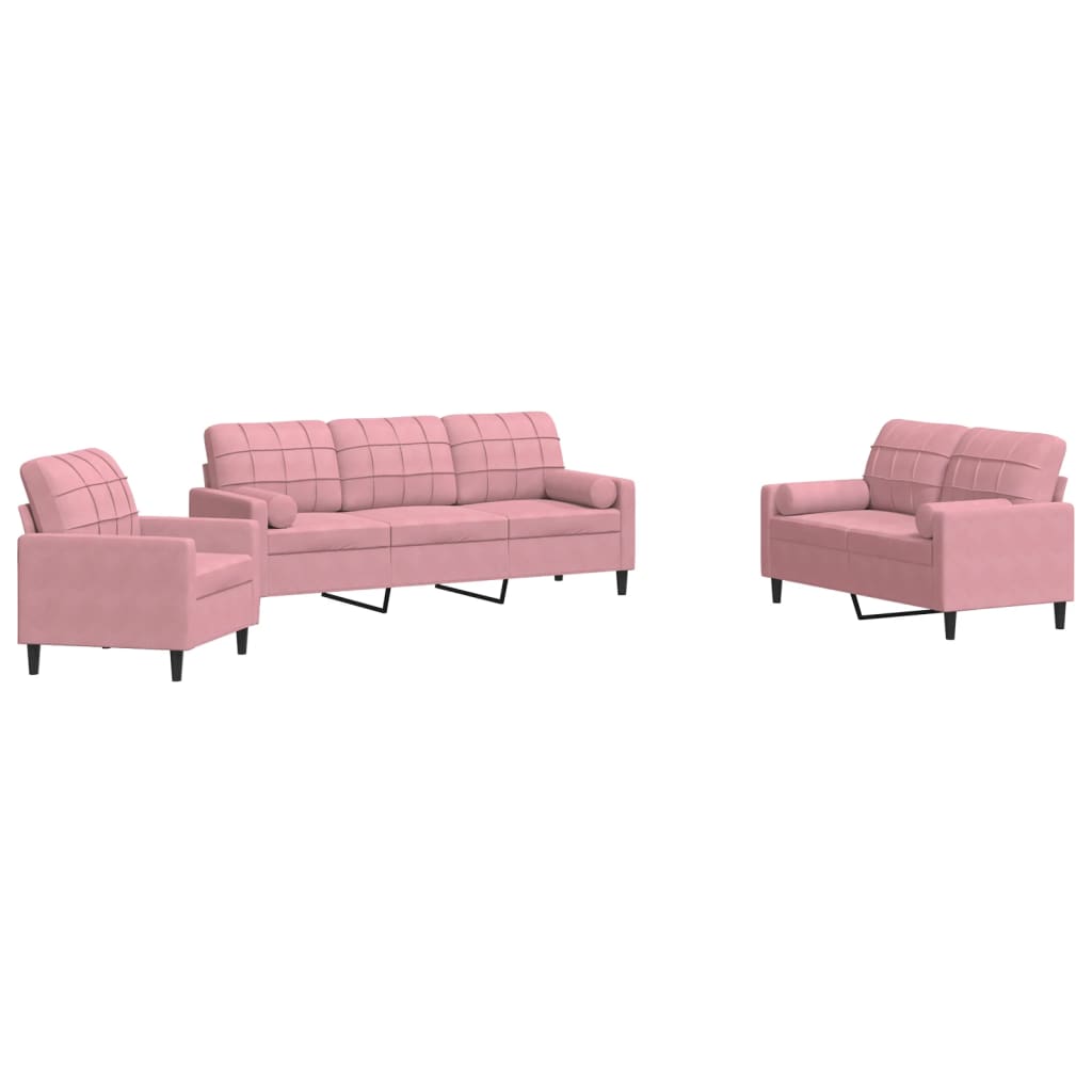 Set di Divani 3 pz con Cuscini e Rinforzi rosa in Velluto - homemem39