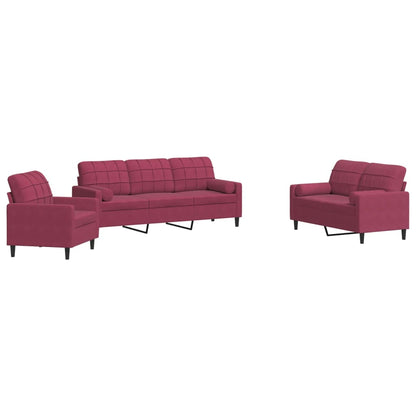 Set di Divani 3 pz con Cuscini e Rinforzi Rosso Vino in Velluto - homemem39