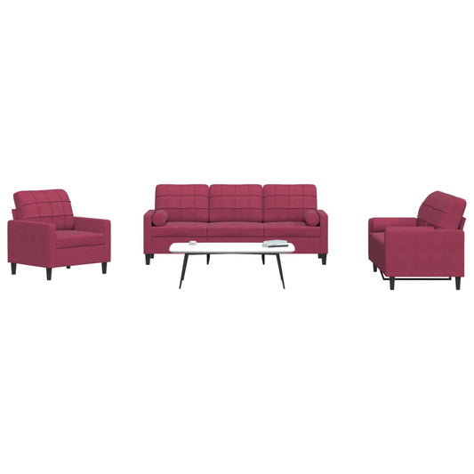 Set di Divani 3 pz con Cuscini e Rinforzi Rosso Vino in Velluto | homemem39
