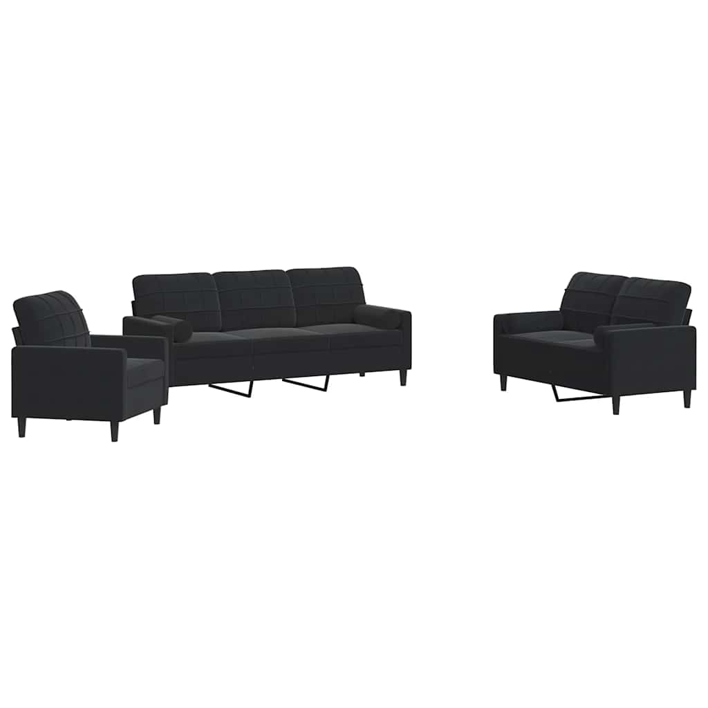 Set di Divani 3 pz con Cuscini e Rinforzi Nero in Velluto | homemem39