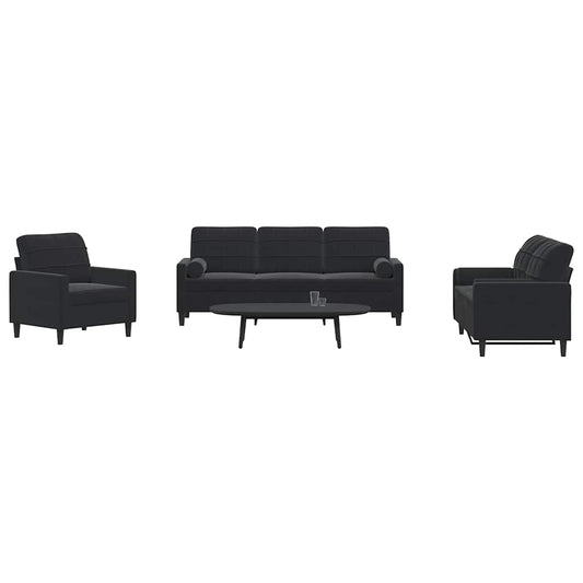 Set di Divani 3 pz con Cuscini e Rinforzi Nero in Velluto | homemem39