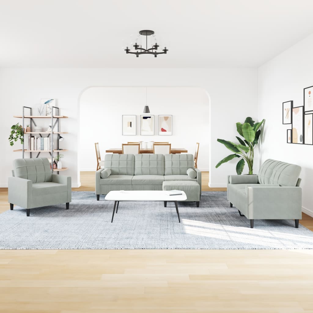 Set di Divani 4 pz con Cuscini e Rinforzi Grigio Chiaro Velluto | homemem39