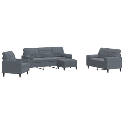 Set di Divani 4 pz con Cuscini e Rinforzi Grigio Scuro Velluto