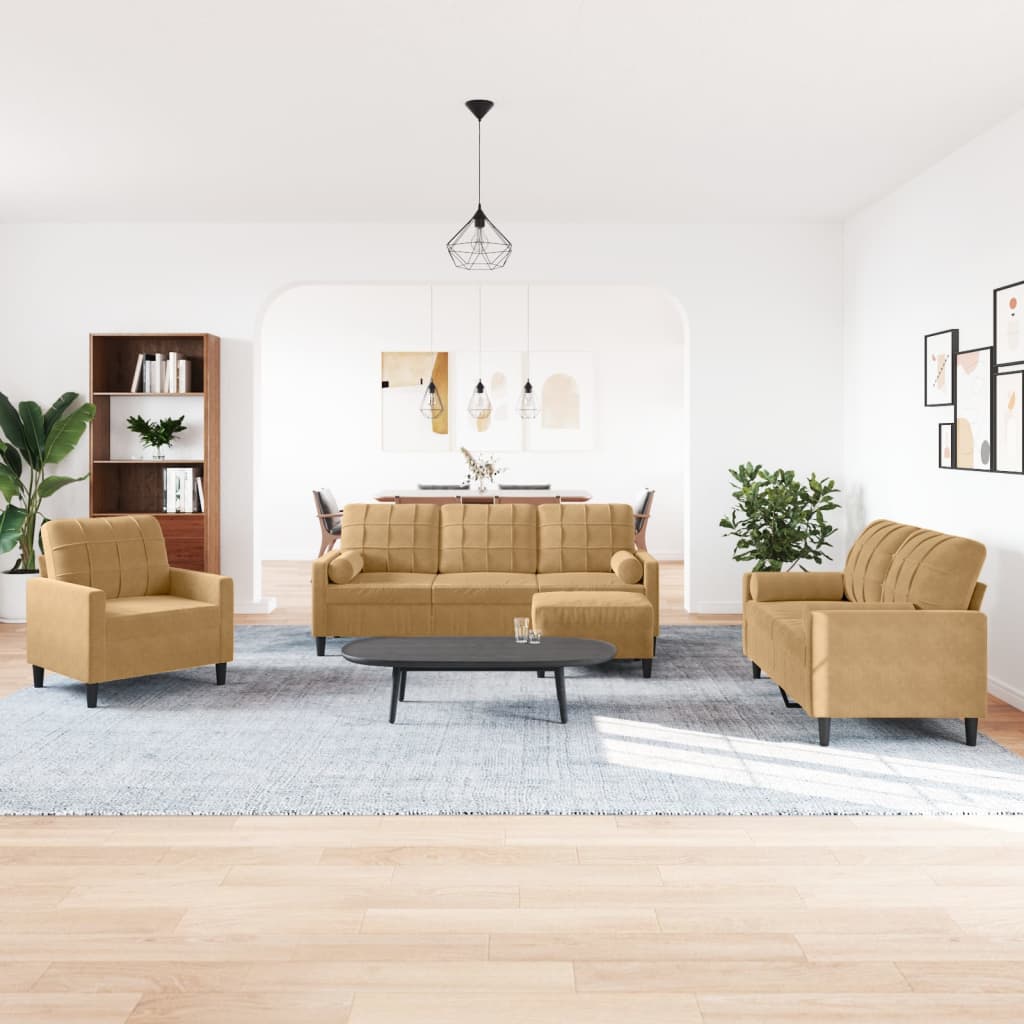 Set di Divani 4 pz con Cuscini e Rinforzi Marrone in Velluto