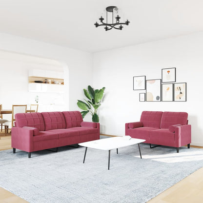 Set di Divani 2 pz con Cuscini e Rinforzi Rosso Vino in Velluto | homemem39
