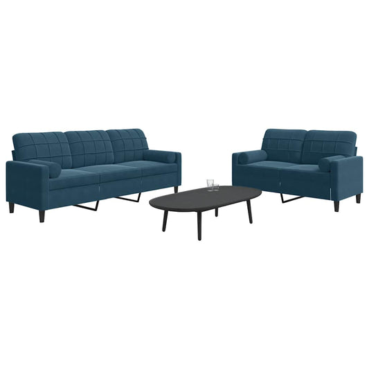 Set di Divani 2 pz con Cuscini e Rinforzi Blu in Velluto