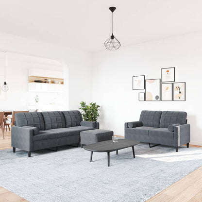 Set di Divani 3 pz con Cuscini e Rinforzi Grigio Scuro Velluto